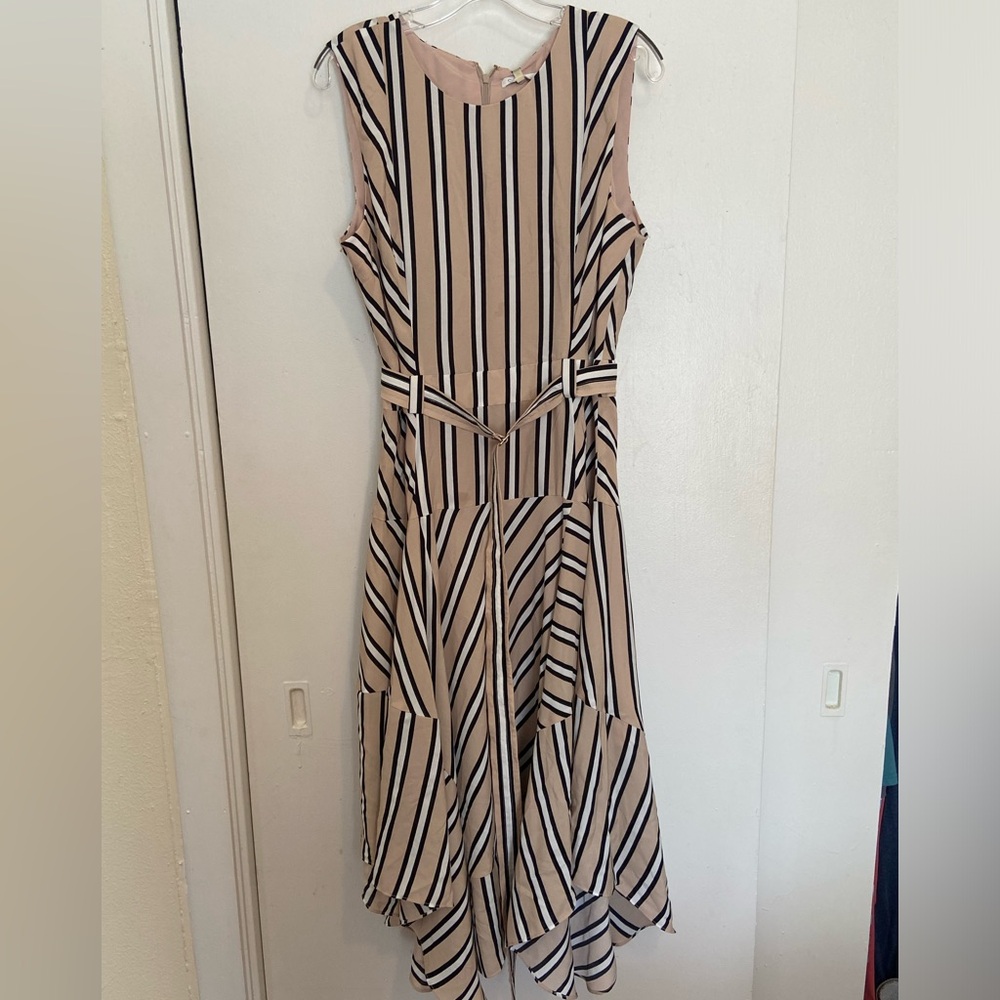 Calvin Klein Striped Asymmetric Belted Dress